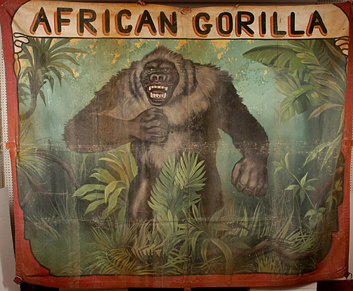 Circus banner from the 1940s or '50s, titled African Gorilla, hand-painted on canvas ($4,025). Image courtesy Slotin Auction.