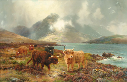 'Highland Cattle on the Banks of a Loch,' an oil on canvas by Louis Bosworth Hurt (1856-1929), signed and dated 1904, 42 1/2 inces by 40 inches, that made £20,000 plus premium at Dreweatts in June.