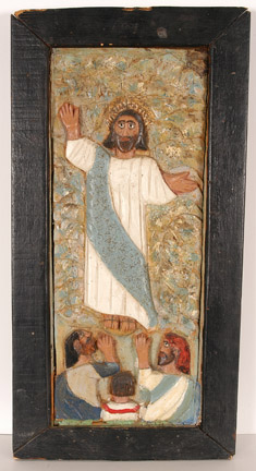 Elijah Pierce painted ‘Jesus Walking on Water' on a bas-relief carved wooden panel, 11 1/2 by 22 inches. It sold for $12,600 in November. Image courtesy Slotin Folk Art.