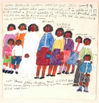 Sister Gertrude Morgan, a New Orleans artist, missionary and poet, created ‘Sister Gertrude Morgan With Her First Little of Children When She was Crowned Out in 1957.' The work in mixed media on paper sold for $22,920 at the Slotins' auction in November. Image courtesy Slotin Folk Art.