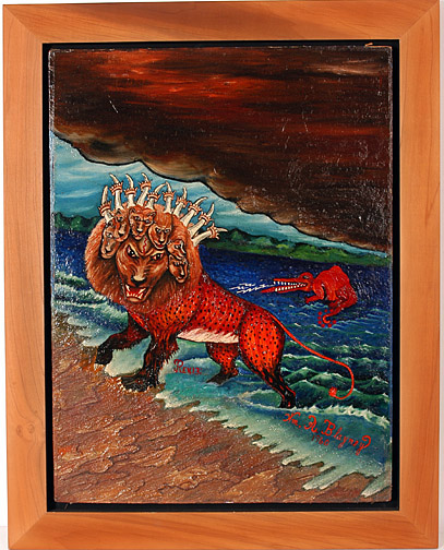 William Blaney (1917-1986) painted the apocalyptic ‘Seven Headed Lion Beast,' an oil on canvas that measures 18 by 24 inches. It sold for $16,440 in November 2007. Image courtesy Slotin Folk Art.