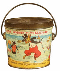 Uncle Wiggily is still a popular character from a children's book series started in 1910. This 1923 peanut butter pail shows Uncle Wiggily Longears at the seashore with his candy-striped cane and Pipsisewah, a rhinoceros-like bully. It auctioned for $590 at Showtime Auction Services of Woodhaven, Mich.