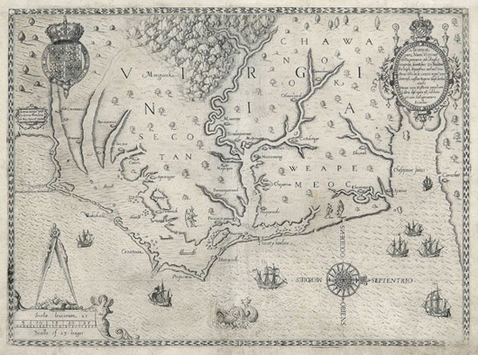 Published in 1590, John White's map shows Virginia and what is now North Carolina. Image courtesy Brunk Auctions.