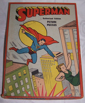 Three puzzles were included in this box of Superman Puzzles, which has a 1940 copright. Image courtesy auctionbug and LiveAuctioneers.com Archive.