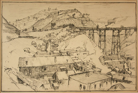 This is one of four pencil and charcoal drawings of a Utah copper mine by Jonas Lie (New York, 1880-1940). Image courtesy Case Antiques Auction.