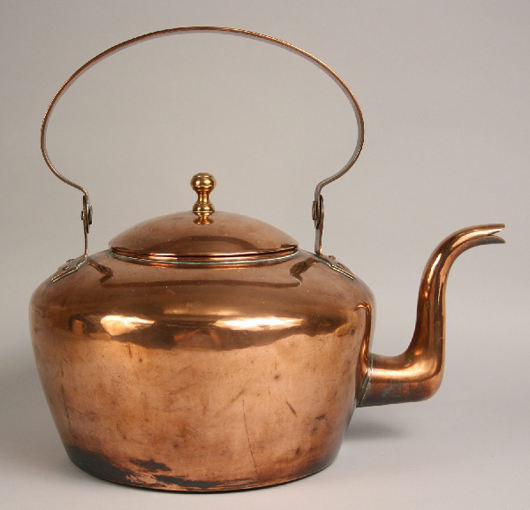 Marked ‘I. BABB' on the handle, this copper tea kettle crafted in  Reading, Pa., is estimated at $900-$1,200. Image courtesy Case Antiques Auction.