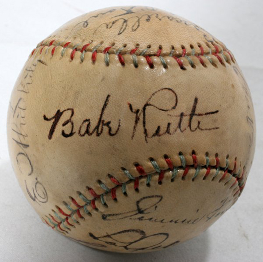 Although Babe Ruth had played his last game with the New York Yankees, he created a sensation among Japanese baseball fans while playing on an all-star team in November 1934. Ruth and 17 teammates signed this ball. Image courtesy DuMouchelles.