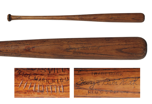 Babe Ruth's bat from the 1926-1929 period, into which he carved with 11notches to represent 11 home runs, slammed in a winning bid of $155,628.