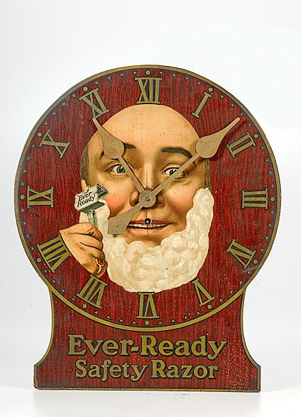 Safety razors hastened the demise of the old-fashioned barbershop shave. This advertising clock. This advertising clock has a $1,000-$1,500 estimate. Image courtesy Cowan's Auctions.