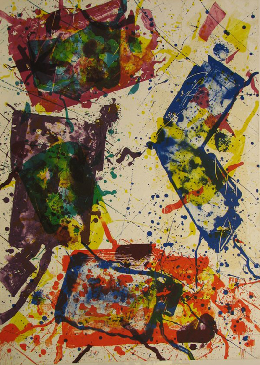 An untitled lithograph print from 1982 by Sam Francis measures 47 3/8 by 34 1/8 inches and has a $5,000-$7,000 estimate.   Image courtesy Wittlin & Serfer Auctioneers.