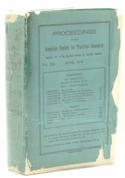 1916 psychical research book exploring reported case of Martian visitation. Estimate $400-$600. Image courtesy LiveAuctioneers/Cordier Antiques & Auctions.