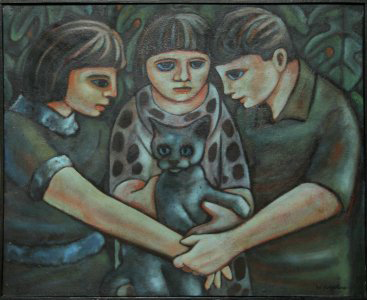 Untitled, three children with cat, by Wellington de Sousa. Image courtesy LiveAuctioneers.com and Ro Gallery.