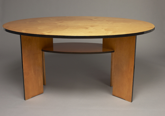 This oval two-tier center table in birch ply, circa 1934, by British modernist designer Gerald Summers, will be offered by Peter Petrou at the Grosvenor House Fair. Image courtesy Grosvenor House Fair.