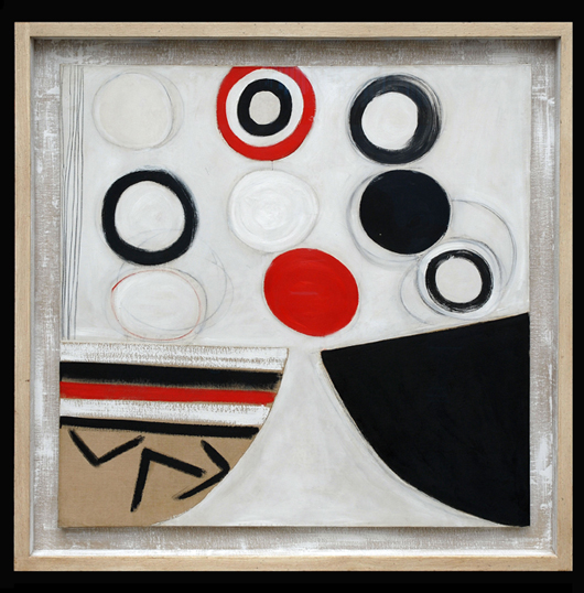 Sir Terry Frost, R.A. (1915-2003), Red Circle and Black, Oil on canvas with collage, 1963, signed, titled and dated May '63 on the reverse, to be shown by Godson & Coles at the Grosvenor House Fair. Image courtesy Grosvenor House Fair.