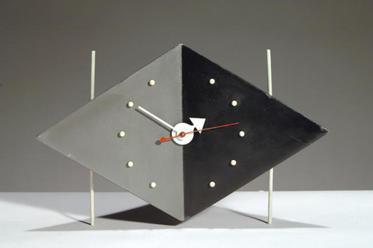 The George Nelson Kite Clock is fabricated of painted metal and aluminum and dates to 1953. Image courtesy MiMo Auctions.