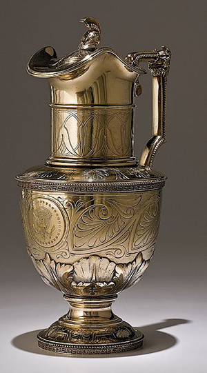 Tiffany 13 3/4 inch gold-wash sterling silver ewer in the Etruscan pattern, given as a gift to President Lincoln upon his inauguration in 1961. To be auctioned at Cowan's on June 6, 2009. Image courtesy LiveAuctioneers.com and Cowan's.