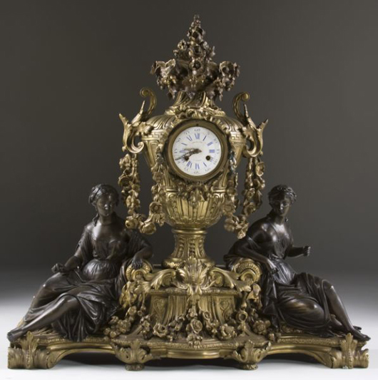 This Raingo Freres French figural mantel clock dates to the mid-18th century. Image courtesy Leland Little Auction & Estates Sales Ltd.