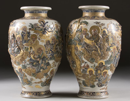 These Satsuma vases from the Meiji era are 17 1/2 inches high. Image courtesy Leland Little Auction & Estates Sales Ltd.