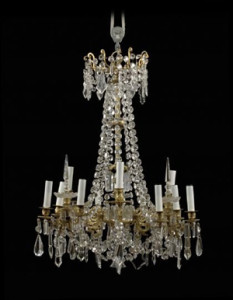 Large French gilt-brass and cut-glass 12-light chandelier, first quarter 20th century, in the Louis XVI style, estimate $4,000-$7,000 in New Orleans Auction Galleries’ June 6, 2009 sale. Image courtesy LiveAuctioneers.com and New Orleans Auction Galleries.