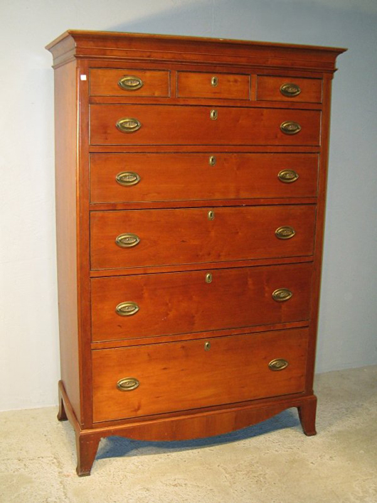 Federal solid cherry high chest, circa 1800, possibly Delaware Valley in origin, $2,012. Image courtesy Gordon S. Converse & Co.