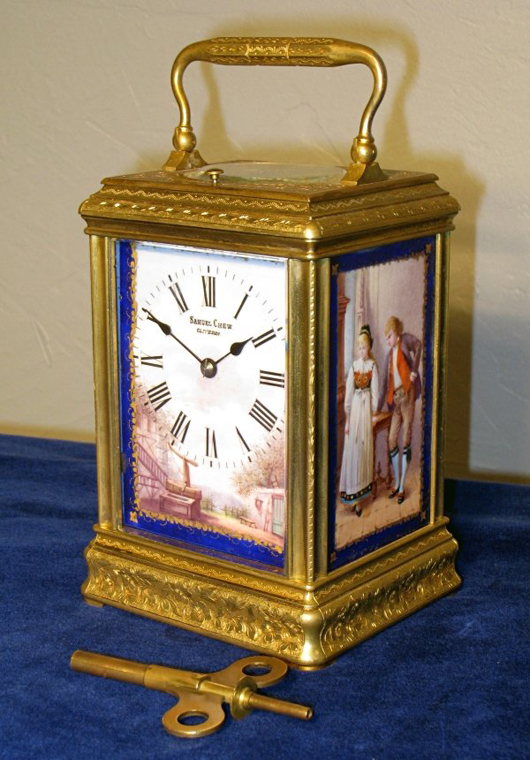 Late-19th-century Swiss carriage clock, porcelain-paneled with gilt, $4,312. Image courtesy Gordon S. Converse & Co.