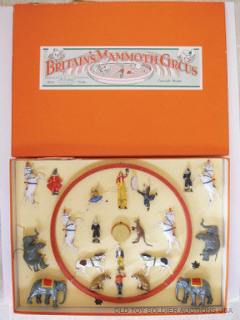 Britains' Circus Display Set # 1539 was produced from 1948 through 1961. Comprised of 23 pieces plus two stands, the boxed set was purchased through LiveAuctioneers for $1,452.