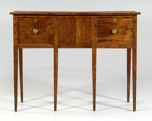 This 1820-1840 Georgia huntboard is the right height, 47 ½ inches, and has the spindly legs adored by collectors. It was by far the most elegant of the 14 huntboards in the sale. Opening bid was $18,000 on a $10,000-$15,000 estimate. It sold for $29,900. Image courtesy Brunk Auctions.