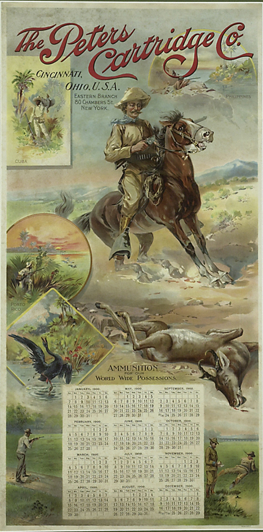 A 1900 Peters Cartridge Co. chromolithograph calendar is estimated to sell for $5,000-$7,000. Image courtesy Cowan's.
