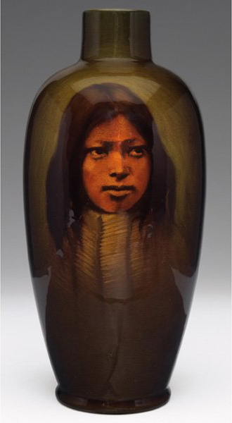 The rim has been repaired on this Rookwood Standard glaze vase painted by Olga Reed. Dated 1899, the 10-inch vase has an $8,000-$11,000 estimate.