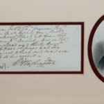 A handwritten document signed by George Washington at Mount Vernon records a small transaction of grain in March 1788. Framed with an engraving of the first U.S. president, the lot is estimated at $18,000-$25,000. Image courtesy Written Word Autographs.