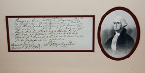 A handwritten document signed by George Washington at Mount Vernon records a small transaction of grain in March 1788. Framed with an engraving of the first U.S. president, the lot is estimated at $18,000-$25,000. Image courtesy Written Word Autographs.