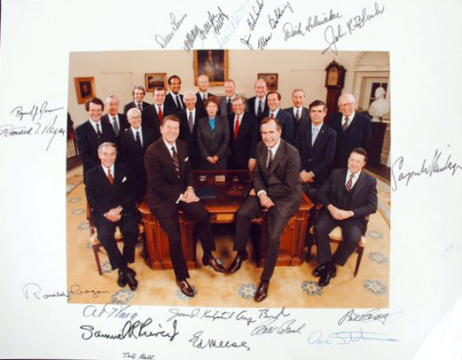 An official White House photo of President Ronald Reagan and his first cabinet is signed by all 20 members pictured. The 11-by-14-inch photo carries a $5,000-$8,000 estimate. Image courtesy Written Word Autographs.