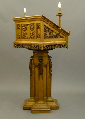 A two-step speaker's platform comes with this 70-inch-high Gothic Revival pulpit. The late 19th-century piece has a $2,000-$4,000 estimate. Image courtesy Schmidt's Antiques.