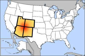 Map showing the Four Corners states. Courtesy Wikimedia Commons.