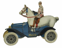 This strange toy, a car driven by a rider on a horse, is the famous Moxie Horsemobile used to advertise the soft drink from 1915 into the 21st century. The tin die-cut toy, 8 1/2 inches long, sold in March at Bertoia Auctions of Vineland, N.J., for $5,750.