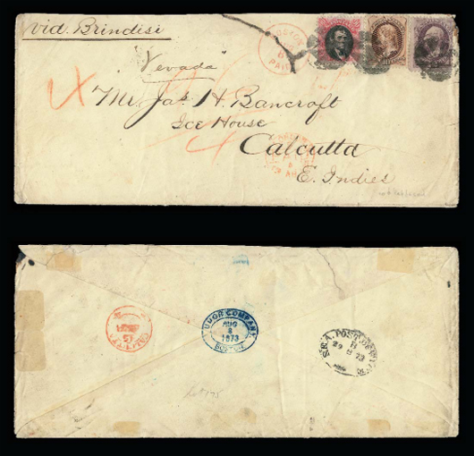 Obverse and Reverse view of the Ice House Cover bearing a Lincoln stamp, posted to India in 1873. Sold for $431,250 by Robert A. Siegel Galleries. Image courtesy Robert A. Siegel Galleries.