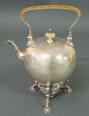 English silversmith Edward Vincent produced this George II teapot and stand in 1731. It has a $5,000-$7,000 estimate. Image courtesy Wiederseim Associates.