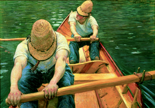 Gustave Caillebotte (French, 1848–1894).  "Oarsmen Rowing on the Yerres," 1877.  Oil on canvas, 31 7/8 x 45 11/16 in. (81 x 116 cm). Private collection. Image courtesy of the Brooklyn Museum.