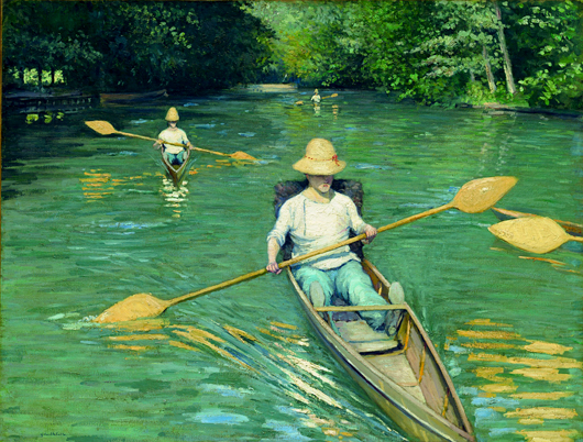 Gustave Caillebotte (French, 1848–1894).  "Skiffs on the Yerres," 1877.  Oil on canvas, 35 1/16 x 45 1/4 in. (89 x 115 cm).  Collection of Mr. and Mrs. Paul Mellon, National Gallery of Art, Washington. Image courtesy of the Brooklyn Museum.