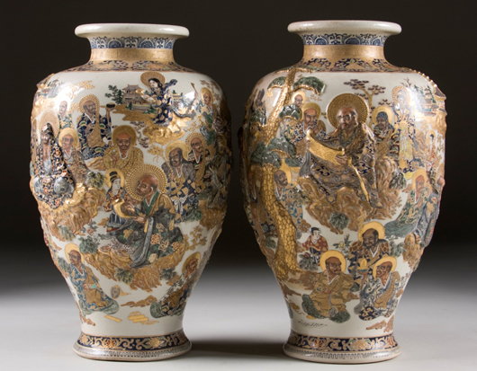 Japanese Satsuma vases: Pair of Japanese Satsuma vases (circa 1860s-1870s), in tapering baluster form, $7,188.