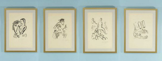 A set of four framed and matted woodcuts by Marc Chagall are expected to bring $4,250-$5,250. Image courtesy Lewis & Maese Auction Co.