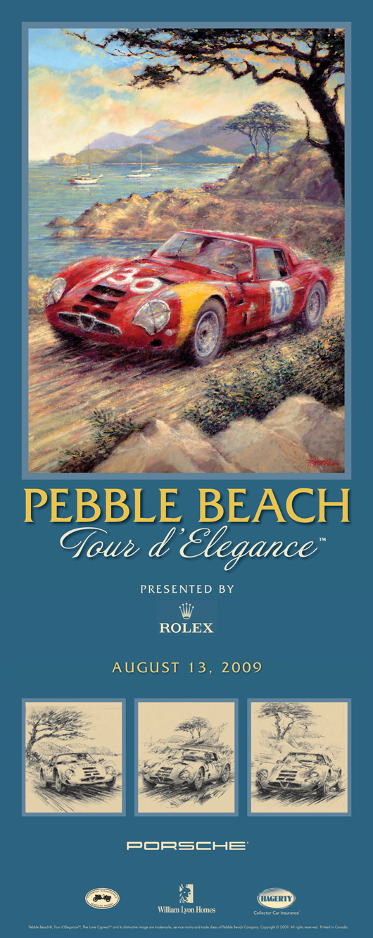 Official poster artwork by Peter Hearsey for the 2009 Pebble Beach Tour d¹Elegance. Image used by permission of the artist.