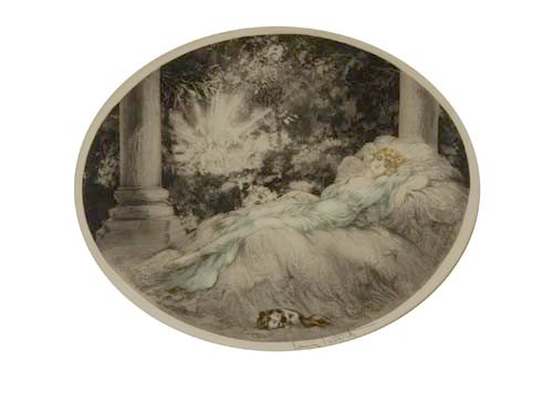 Louis Icart (French, 1888-1950) spent much of career depicting beautiful women. His dry point etching titled Sleeping Beauty, circa 1927, has a $1,500-$3,000 estimate. Image courtesy Tangible Investments LLC.