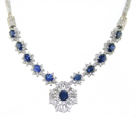 Expected to bring $4,000-$5,000 is this new16-inch-long diamond and sapphire necklace. Image courtesy Tangible Investments LLC.