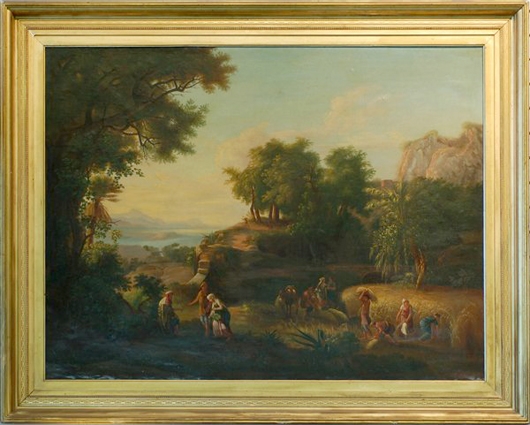 This early 19th-century landscape was likely painted by a student of Italian painter Francesco Zuccarelli (1702-1788). The early 19th-century oil on canvas has a $5,000-$10,000 estimate. Image courtesy Tangible Investments LLC.