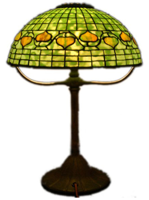Signed both on the shade and base, this Tiffany Studios Acorn lamp has a $10,000-$20,000 estimate. Image courtesy Tangible Investments LLC.