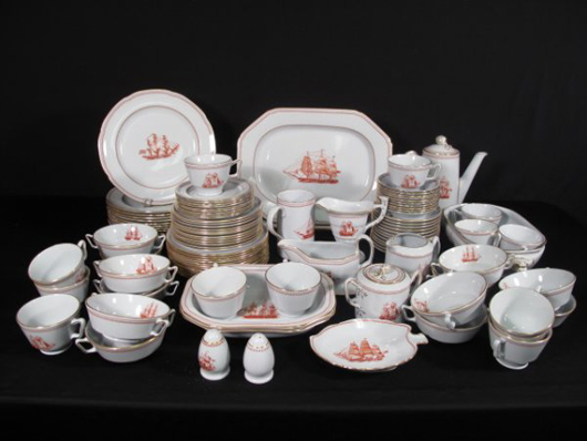 A nearly complete service for 12 of Spode's Trade Winds Red tableware has a $1,500-$2,500 estimate. Image courtesy Neapolitan Auctions.