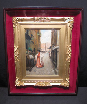Italian impressionist Vincenzo Migliaro's street scene, 10 7/8 by 7 7/8 inches, is expected to sell for $4,000-$5,000. Image courtesy Neapolitan Auctions.