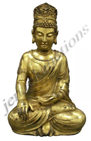 Chinese gilt-bronze Buddha seated in lotus position, 22 inches high. Estimate $15,000-$18,000.