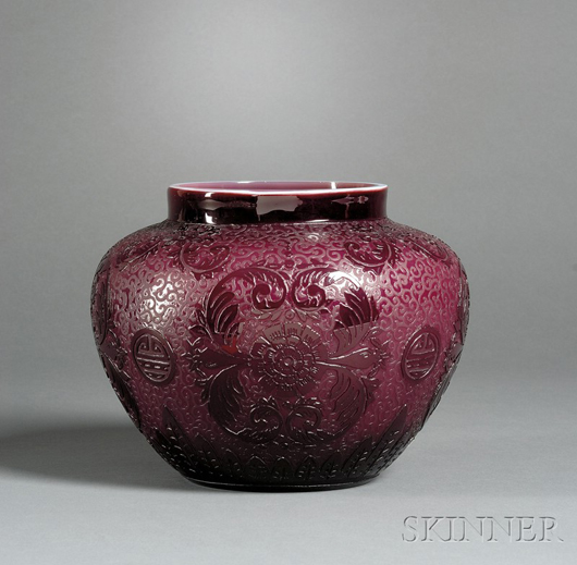 Steuben Plum Jade vase, etched glass, New York, 1904-1925, 8 inches high. Estimate $2,500-3,500.